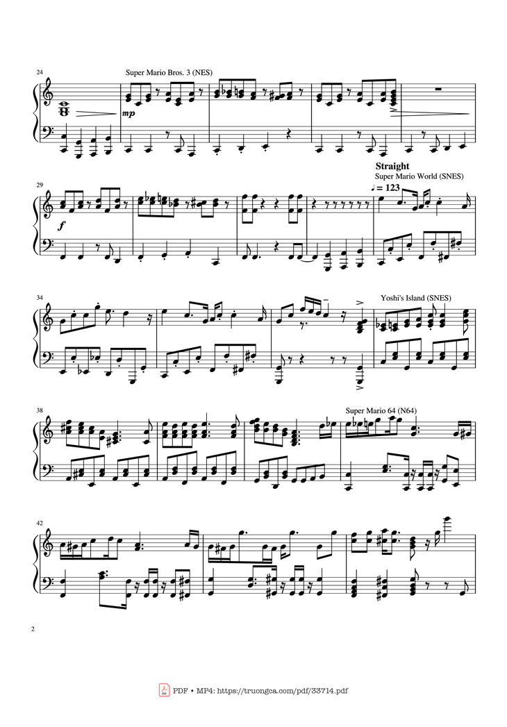 Page 2 of the piano sheet music PDF - Mario Medley Piano by Koji Kondo