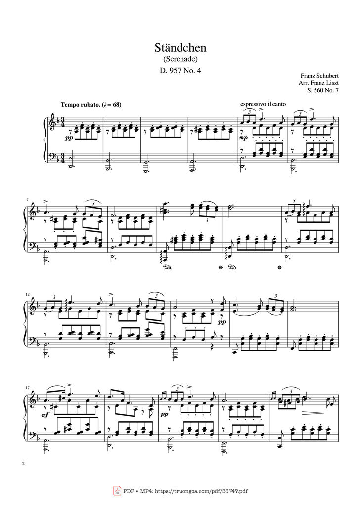 Page 2 of the piano sheet music PDF Piano - Standchen D. 957 No.7 Piano by Franz Schubert