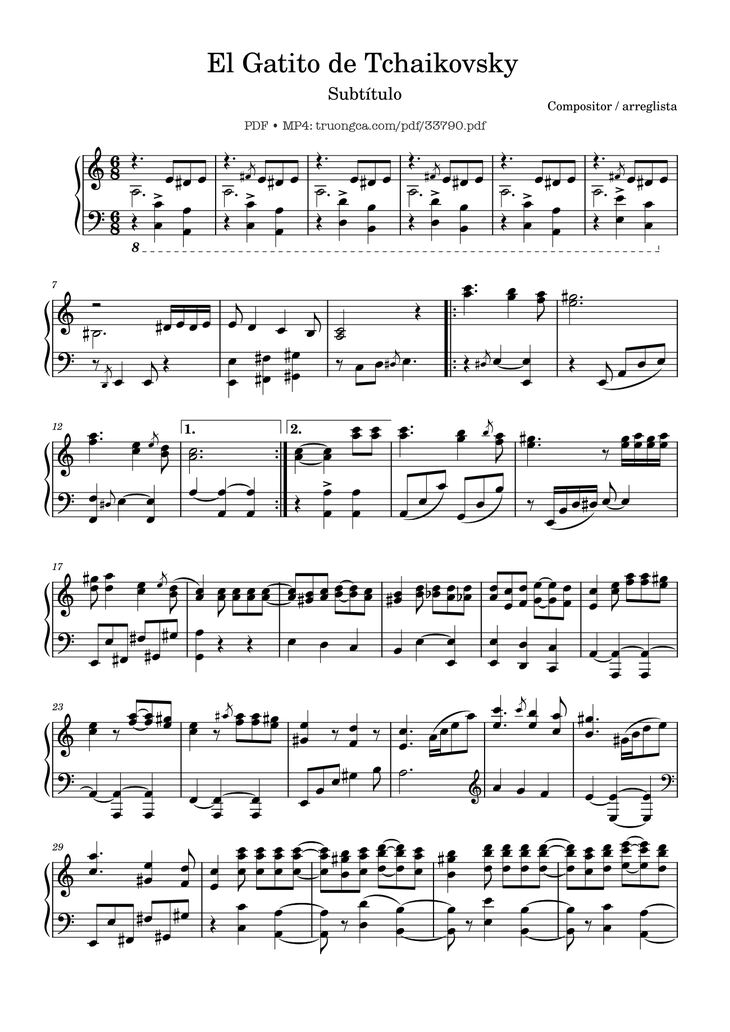 Page 1 of the piano sheet music PDF - El Gatito de Tchaikovsky Piano by Tchaikovsky