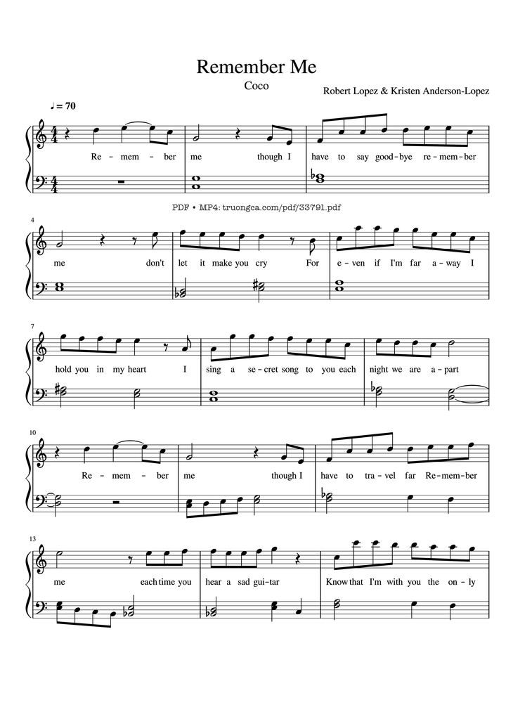 Page 1 of the piano sheet music PDF Piano - Remember Me Piano by Robert Lopez
