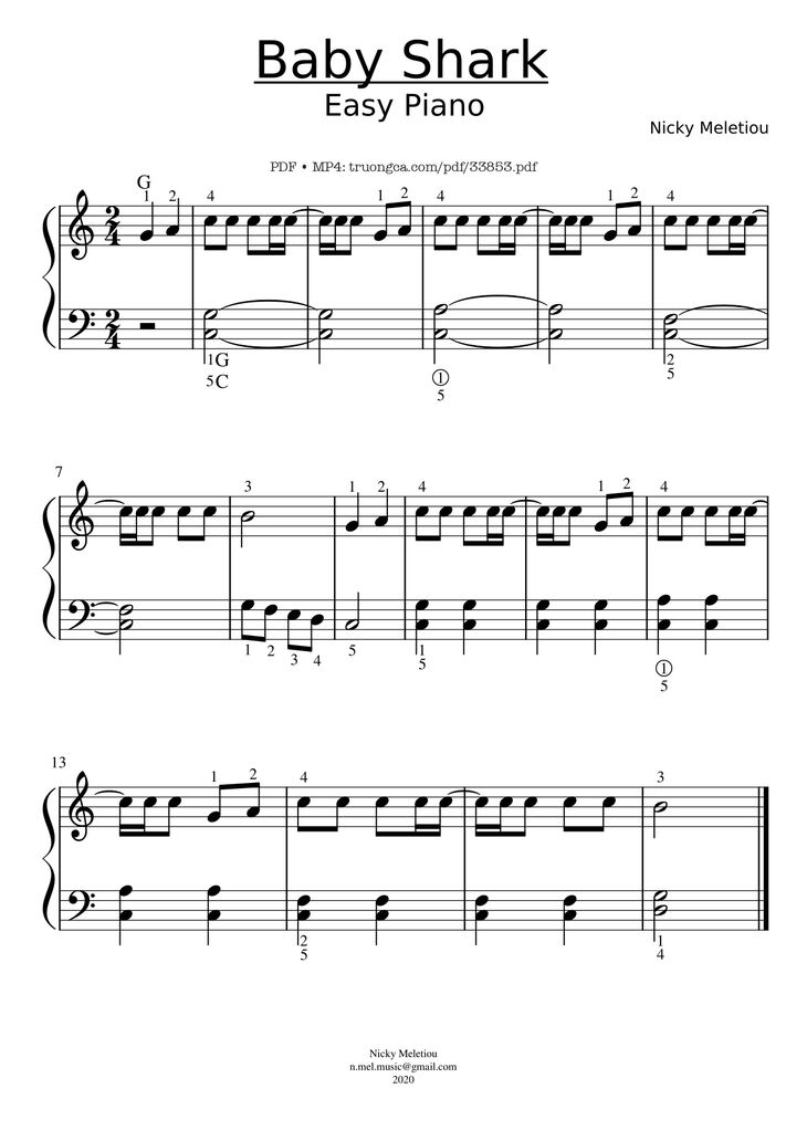Page 1 of the piano sheet music PDF - Baby Shark Piano Easy by Nicky Meletiou