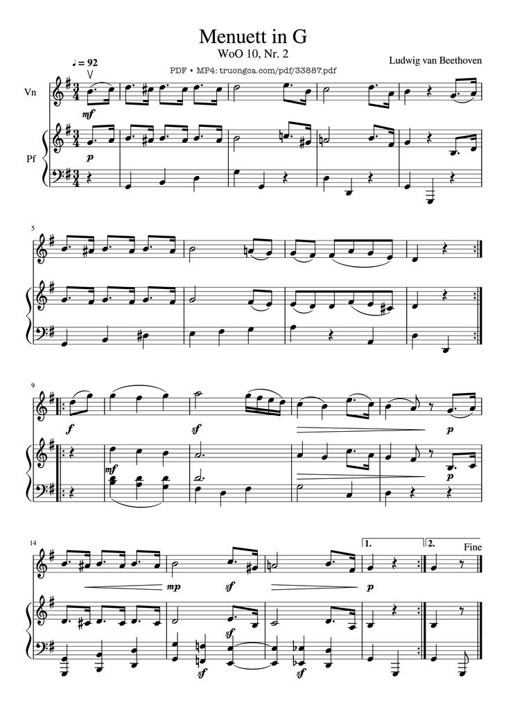 Page 1 of the piano sheet music PDF Piano - Beethoven Minuet in G - Violin & Piano by Ludwig van Beethoven