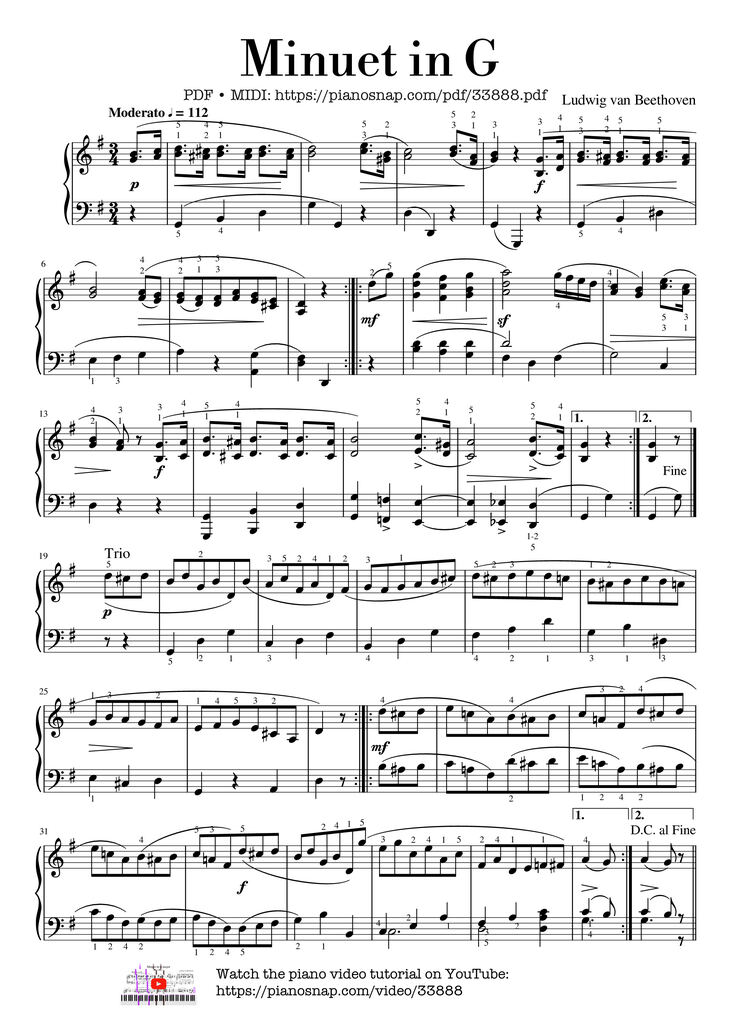 Sheet music preview — Beethoven Minuet In G Piano