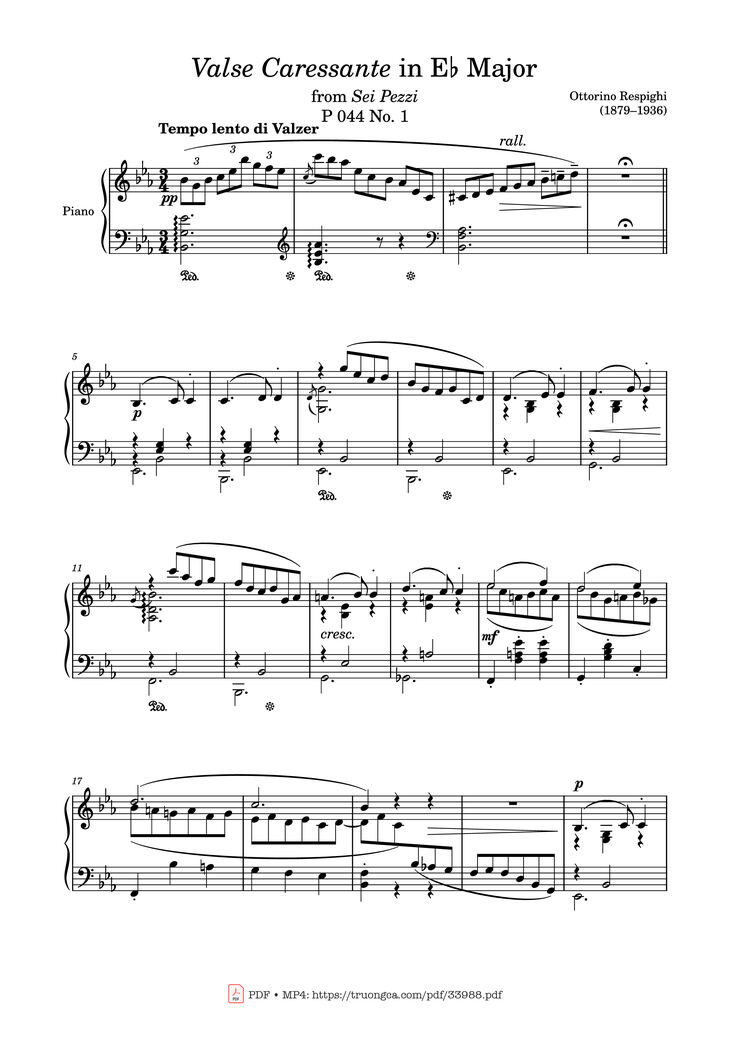 Page 1 of the piano sheet music PDF Piano - Valse Caressante in E♭ Major Piano by Ottorino Respighi