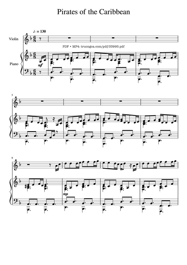 Page 1 of the piano sheet music PDF Piano - Pirates of the Caribbean Piano & Violin by Hans Zimmer