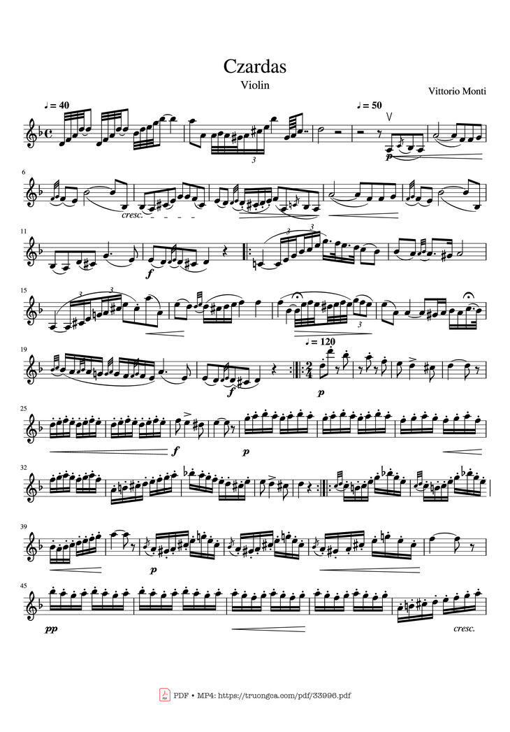 Page 1 of the piano sheet music PDF - Czardas Violin by Vittorio Monti
