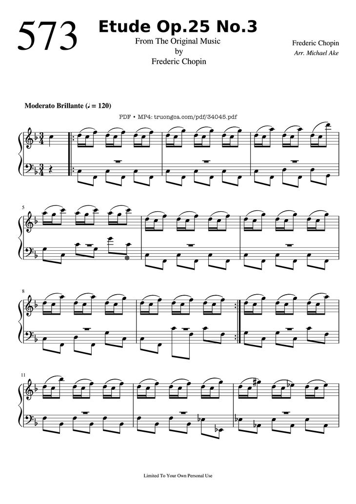 Page 1 of the piano sheet music PDF Piano - Etude Op.25 No.3 (The Knight) Piano EASY by Frederic Chopin