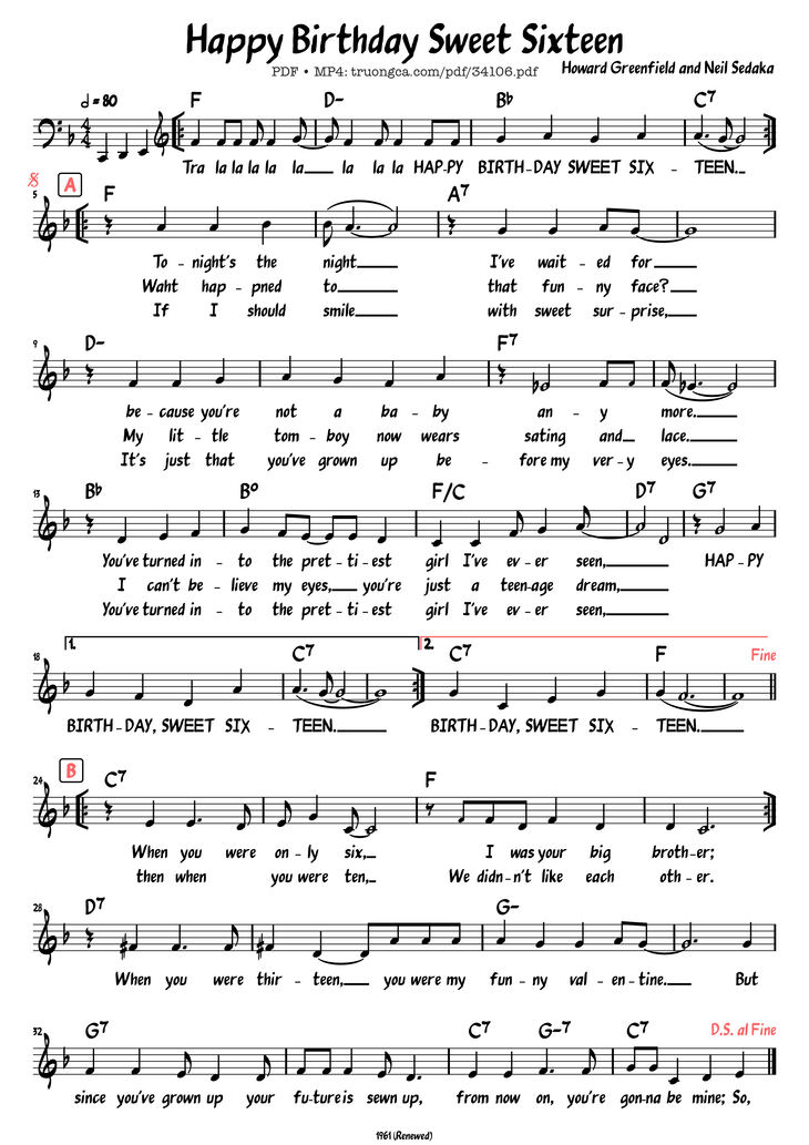Page 1 of the piano sheet music PDF Piano - Happy Birthday Sweet Sixteen by Howard Greenfield