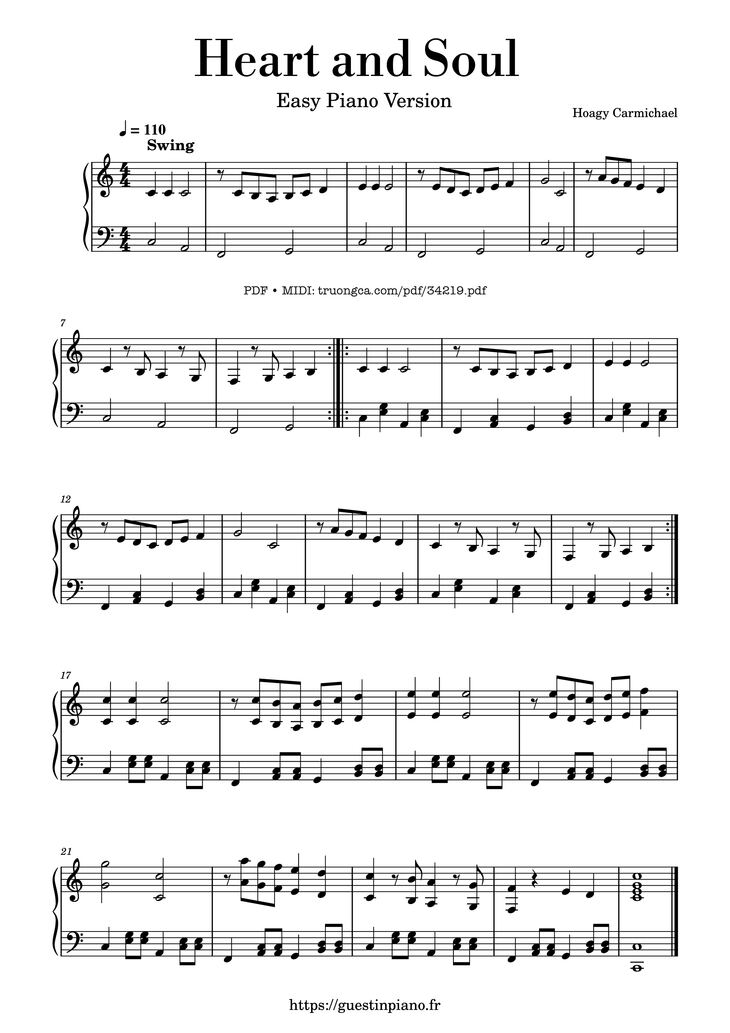 Page 1 of the piano sheet music PDF Piano - Heart and Soul Piano Easy by Hoagy Carmichael