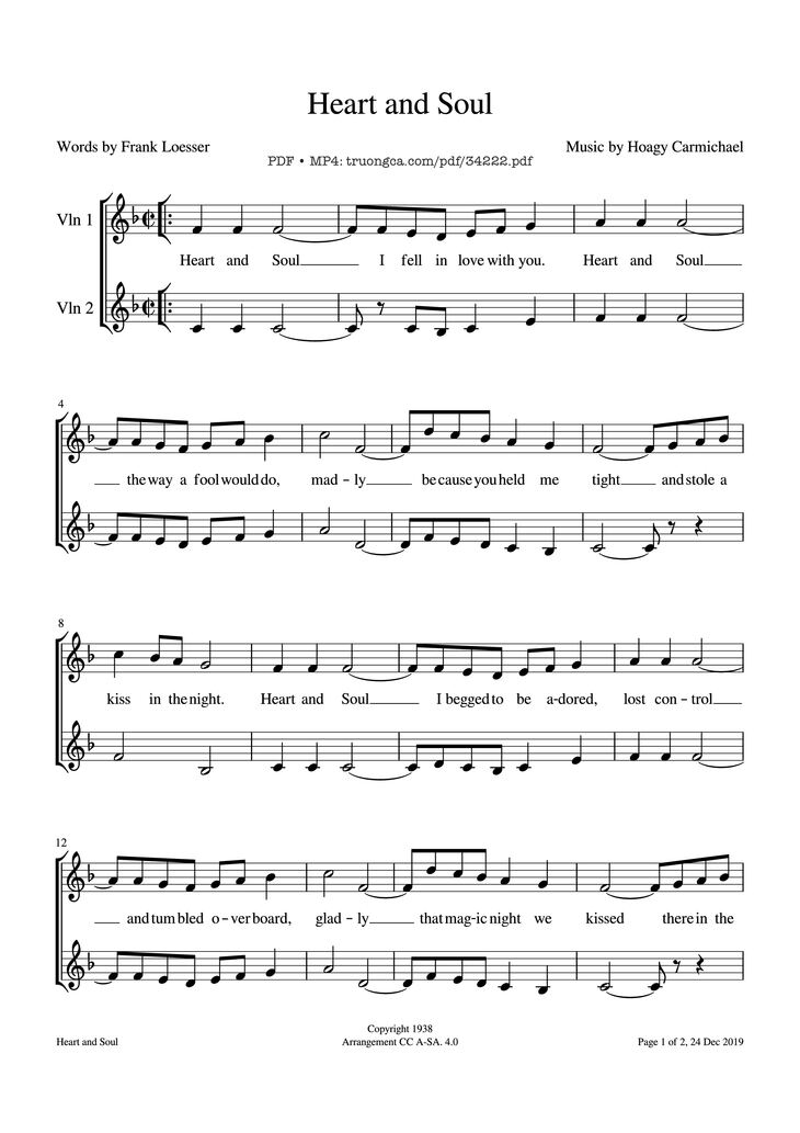 Page 1 of the piano sheet music PDF - Heart and Soul Violin by Hoagy Carmichael