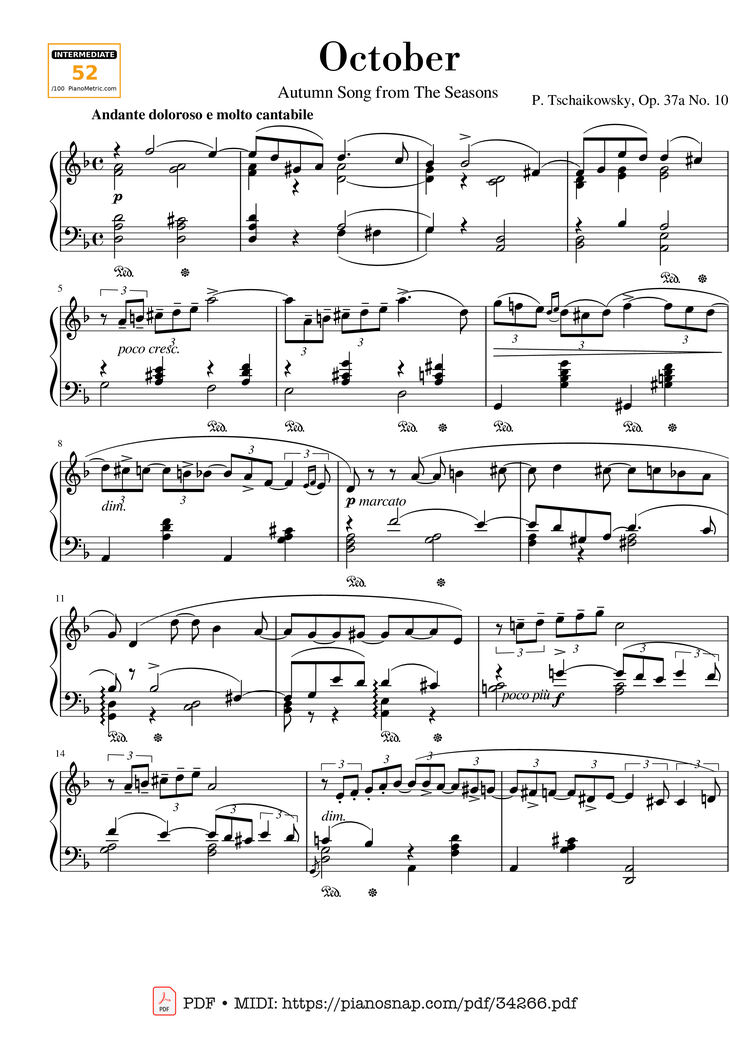 Page 1 of the piano sheet music PDF - Tchaikovsky The Seasons, October, Autumn Song Piano by Pyotr Ilyich Tchaikovsky