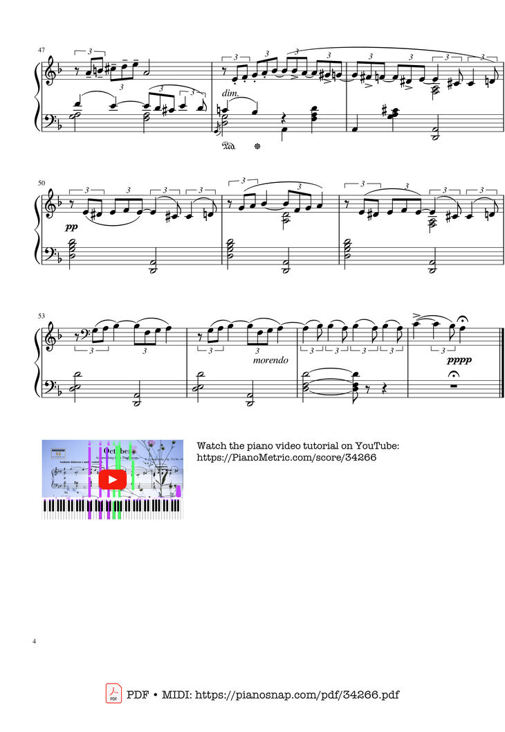 Page 4 of the piano sheet music PDF - Tchaikovsky The Seasons, October, Autumn Song Piano by Pyotr Ilyich Tchaikovsky