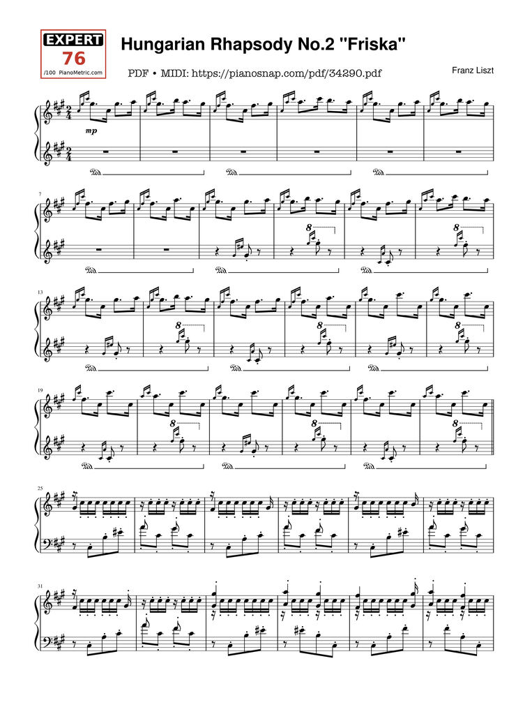 Page 1 of the piano sheet music PDF Piano - Hungarian Rhapsody No. 2 Friska Piano by Franz Liszt
