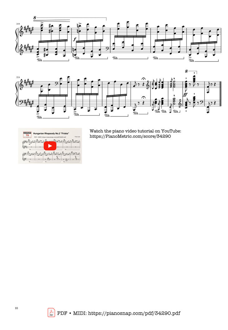 Page 10 of the piano sheet music PDF Piano - Hungarian Rhapsody No. 2 Friska Piano by Franz Liszt