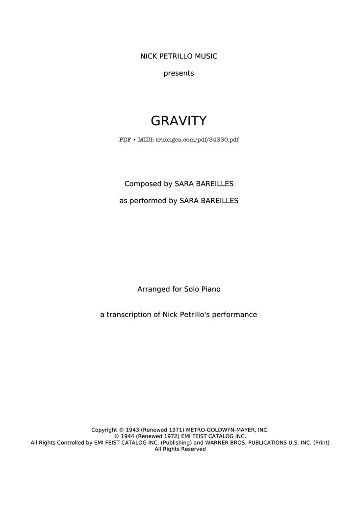 Page 1 of the piano sheet music PDF Piano - GRAVITY Piano by SARA BAREILLES