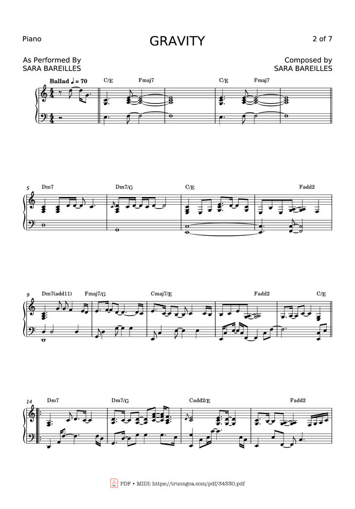 Page 2 of the piano sheet music PDF Piano - GRAVITY Piano by SARA BAREILLES
