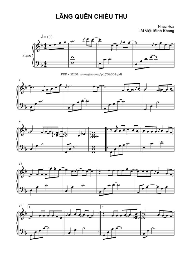 Page 1 of the piano sheet music PDF - Lãng quên chiều thu Piano by Minh Khang