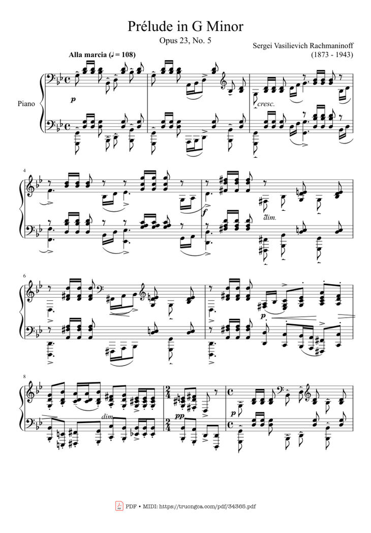 Page 1 of the piano sheet music PDF Piano - Prélude in G Minor Piano by Sergei Vasilievich Rachmaninoff (1873 - 1943
