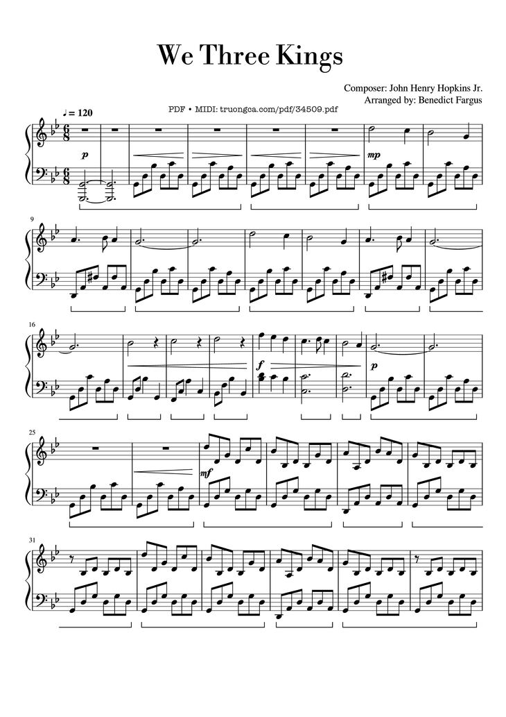 Page 1 of the piano sheet music PDF - We Three Kings Piano by John Henry Hopkins Jr
