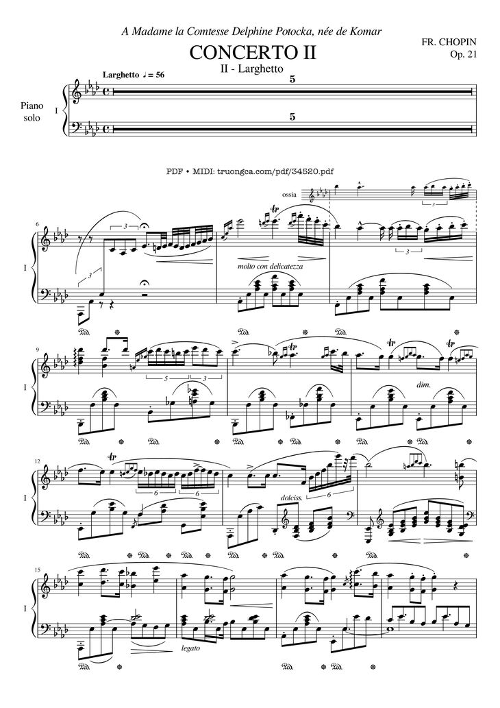 Page 1 of the piano sheet music PDF Piano - Chopin Concerto No.2, Op.21, Larghetto by Frédéric Chopin