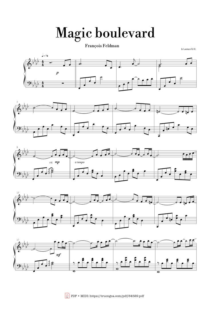 Page 1 of the piano sheet music PDF - Magic boulevard Piano by François Feldman