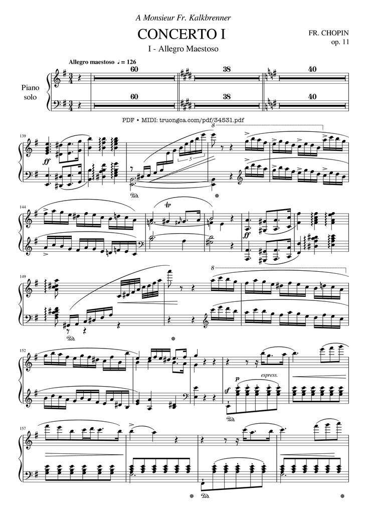 Page 1 of the piano sheet music PDF Piano - Chopin Concerto No.1, Op.11, Allegro Maestoso Piano by Frédéric Chopin