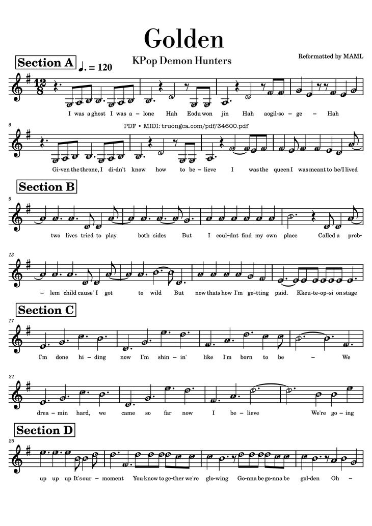 Page 1 of the piano sheet music PDF Piano - Golden KPop Demon Hunters Melody Piano by HUNTR