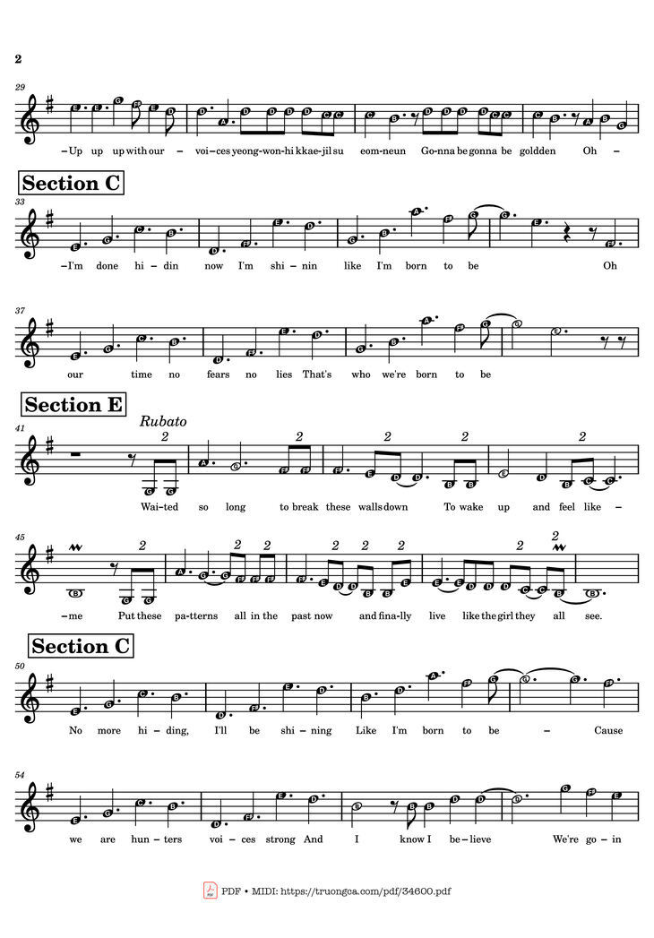 Page 2 of the piano sheet music PDF Piano - Golden KPop Demon Hunters Melody Piano by HUNTR
