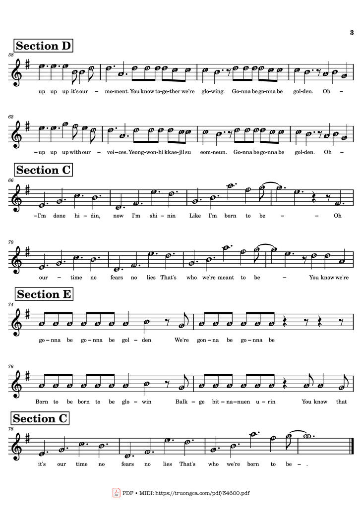Page 3 of the piano sheet music PDF Piano - Golden KPop Demon Hunters Melody Piano by HUNTR