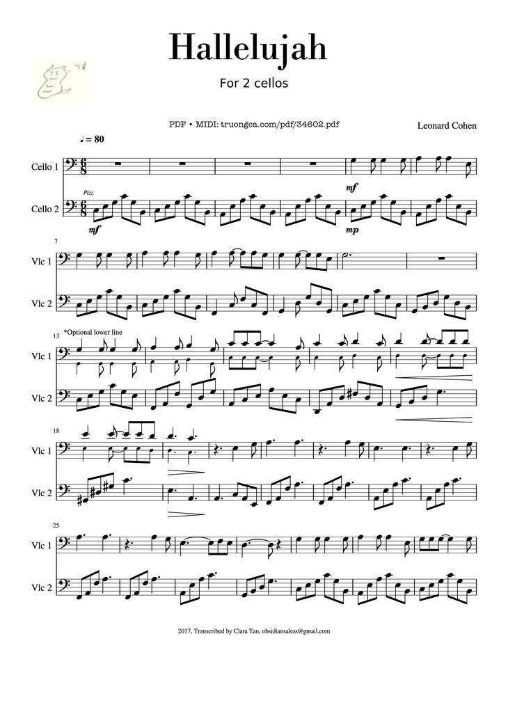 Page 1 of the piano sheet music PDF - Hallelujah For 2 cellos by Leonard Cohen
