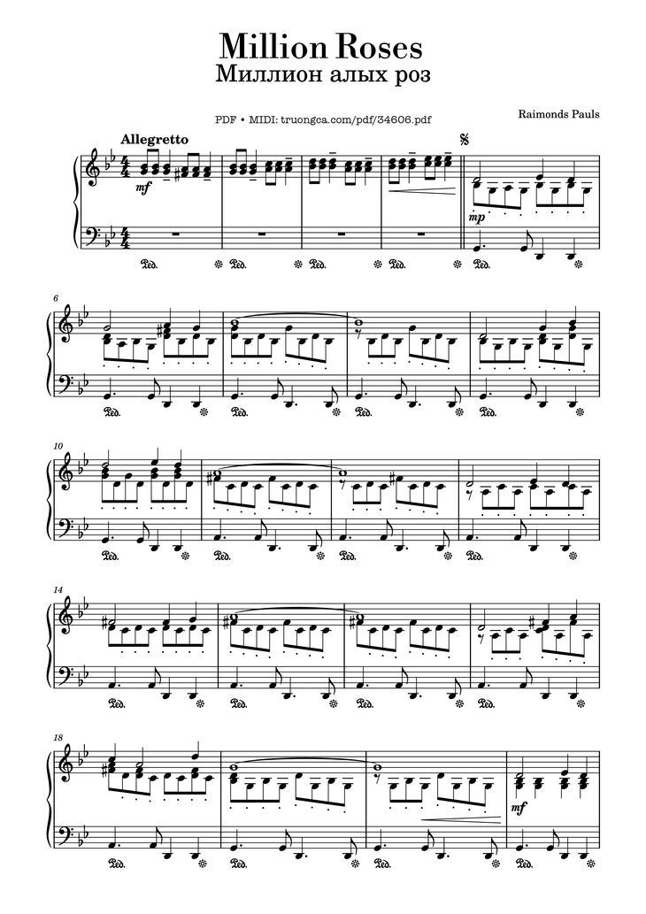 Page 1 of the piano sheet music PDF Piano - Million Roses (Миллион алых роз) Piano by Raimonds Pauls