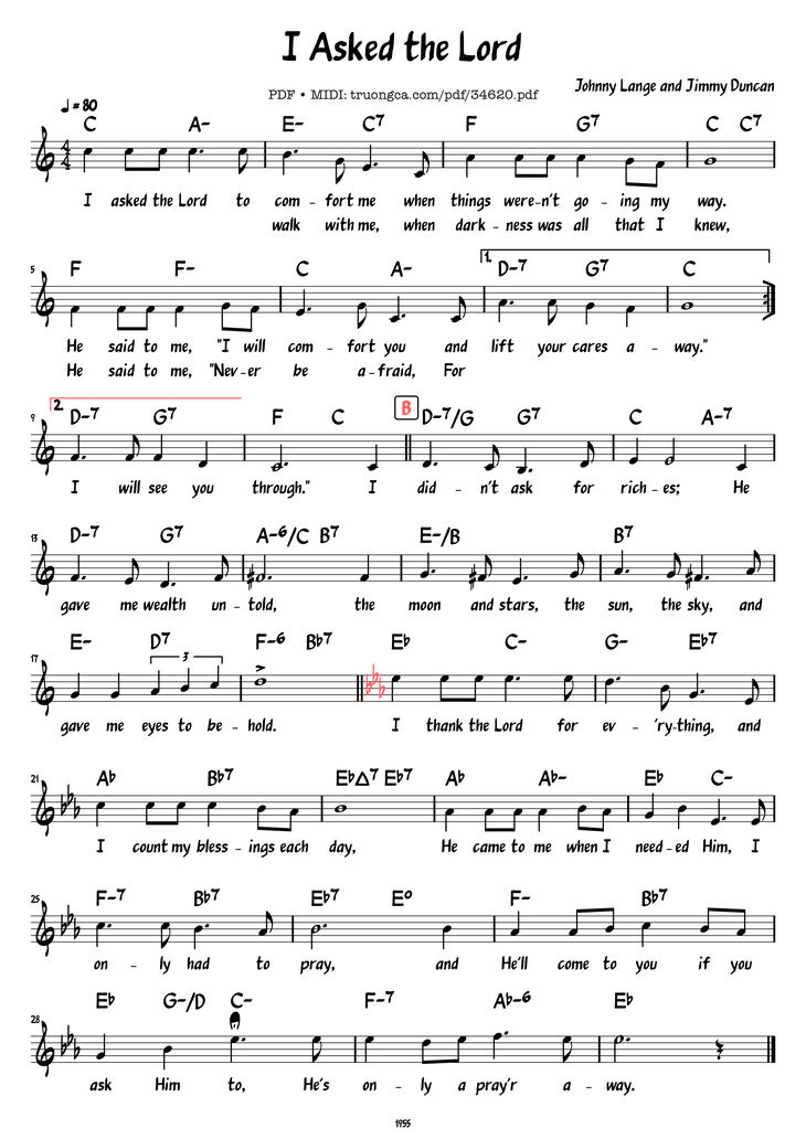 Page 1 of the piano sheet music PDF - I Asked the Lord by Johnny Lange and Jimmy Duncan