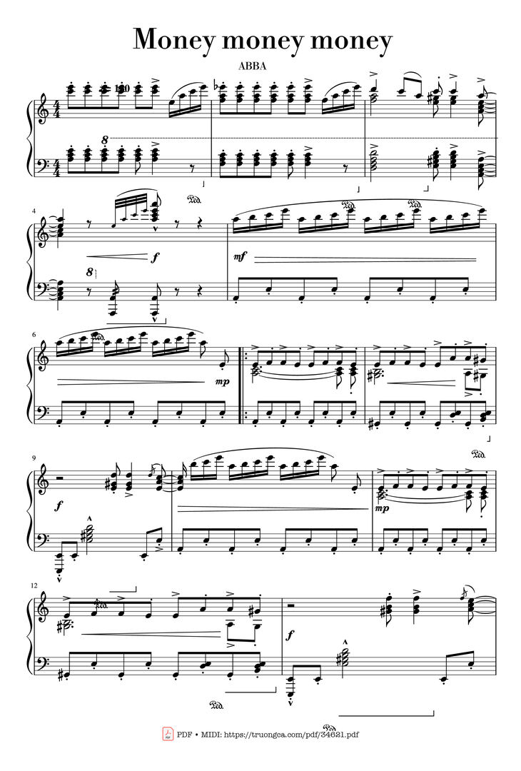 Page 1 of the piano sheet music PDF Piano - Money money money Piano by ABBA