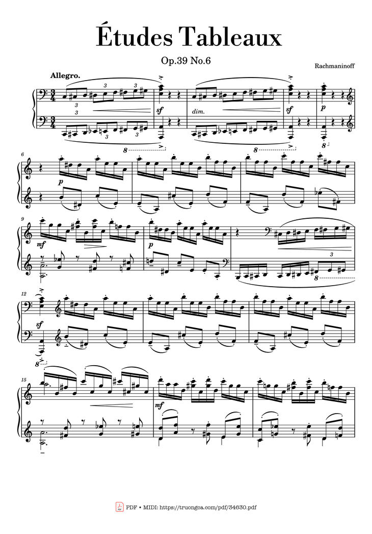 Page 1 of the piano sheet music PDF Piano - Rachmaninov Etude Tableau op. 39 no. 6 Piano by Sergei Rachmaninoff