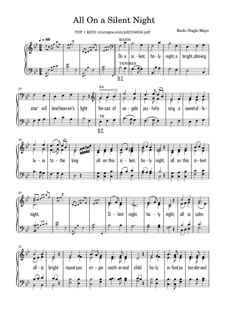Page 1 of the piano sheet music PDF - All On a Silent Night Piano by Becki Slagle Mayo