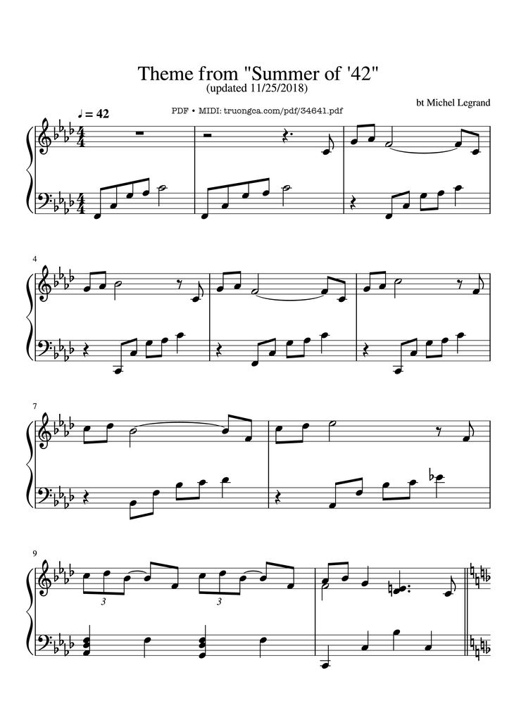 Page 1 of the piano sheet music PDF Piano - Theme from Summer of 