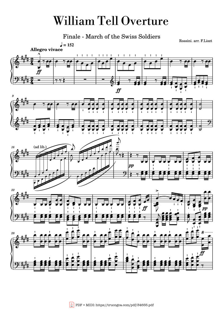 Page 1 of the piano sheet music PDF Piano - William Tell Overture Piano by Gioachino Rossini