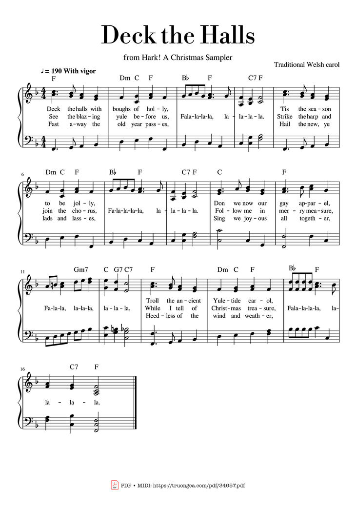 Page 1 of the piano sheet music PDF Piano - Deck the Halls Piano by Traditional Welsh carol