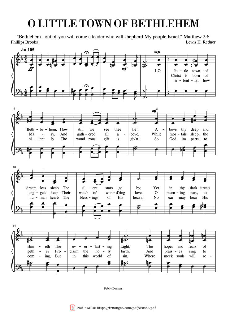 Page 1 of the piano sheet music PDF - O Little Town of Bethlehem (ST. LOUIS) Piano by Phillips Brooks