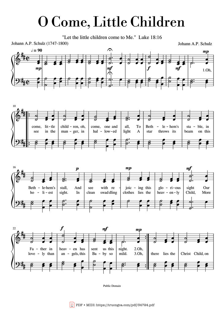 Page 1 of the piano sheet music PDF - O Come, Little Children Piano by Johann A.P. Schulz