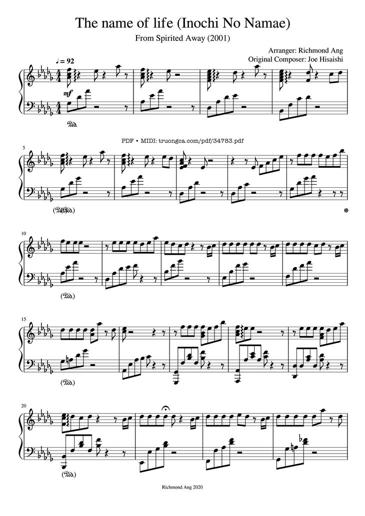 Page 1 of the piano sheet music PDF Piano - The name of life (Inochi No Namae) Piano by Arranger: Richmond Ang