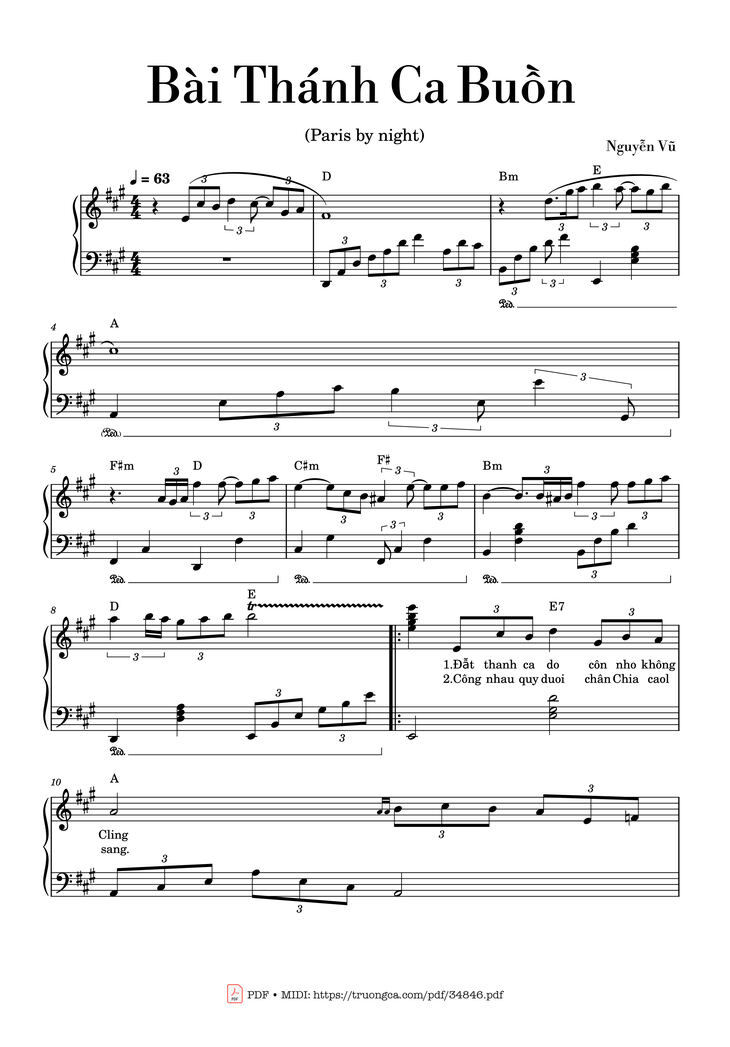 Page 1 of the piano sheet music PDF Piano - Bài Thánh Ca Buồn Piano by Nguyễn Vũ