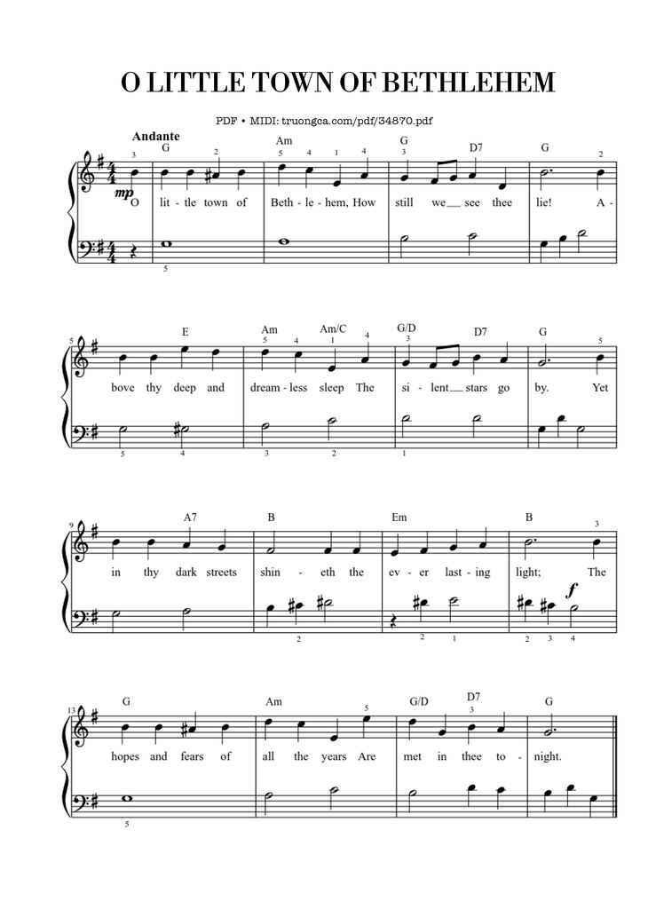 Page 1 of the piano sheet music PDF Piano - O Little Town Of Bethlehem EASY Piano by Phillips Brooks