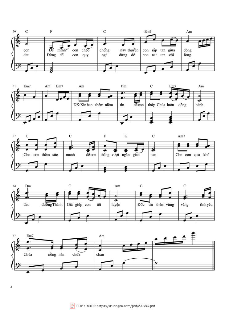 Page 2 of the piano sheet music PDF Piano - Cho con thấy Chúa Piano by Hiền Hòa