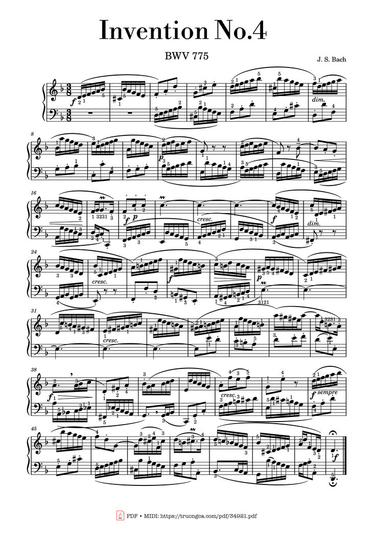 Page 1 of the piano sheet music PDF Piano - Invention No.4 Piano by Johann Sebastian Bach