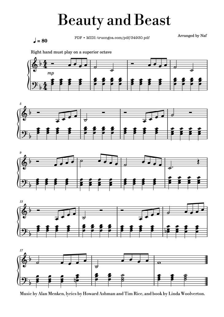 Page 1 of the piano sheet music PDF Piano - Beauty and Beast Piano by Alan Menken