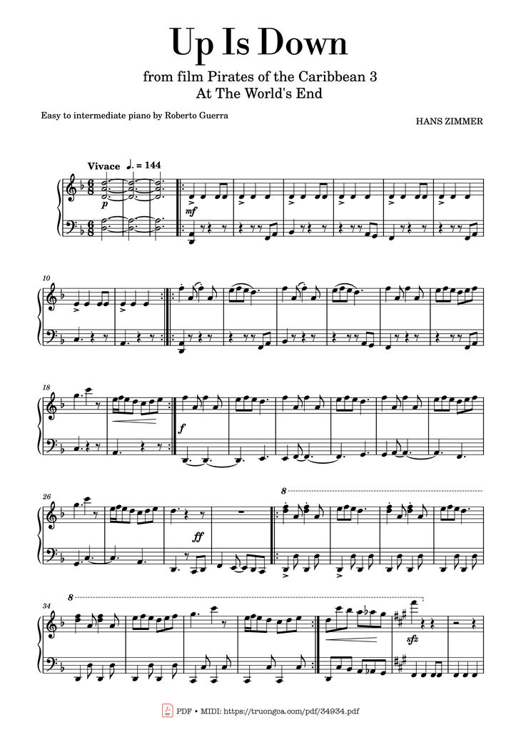 Page 1 of the piano sheet music PDF Piano - Up Is Down (Pirates of the Caribbean) by Hans Zimmer