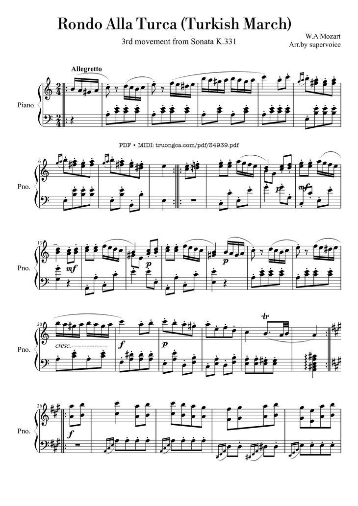 Page 1 of the piano sheet music PDF Piano - Rondo Alla Turca (Turkish March) Piano by Wolfgang Amadeus Mozart
