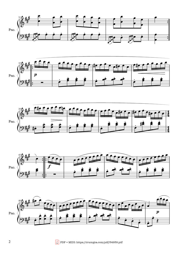 Page 2 of the piano sheet music PDF Piano - Rondo Alla Turca (Turkish March) Piano by Wolfgang Amadeus Mozart