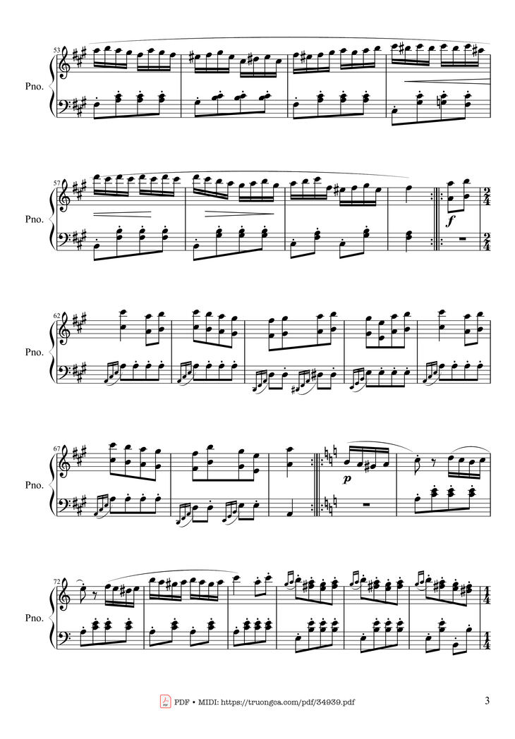 Page 3 of the piano sheet music PDF Piano - Rondo Alla Turca (Turkish March) Piano by Wolfgang Amadeus Mozart